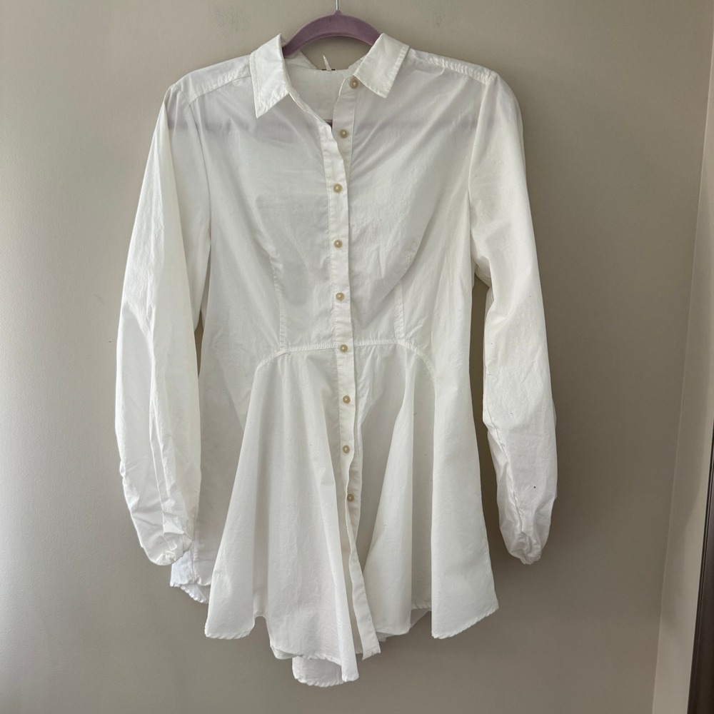 Free People White Cotton Peplum Button Down Shirt Tunic Long Sleeve Small